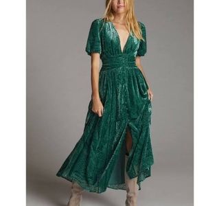 Anthropologie Green Velvet Dress